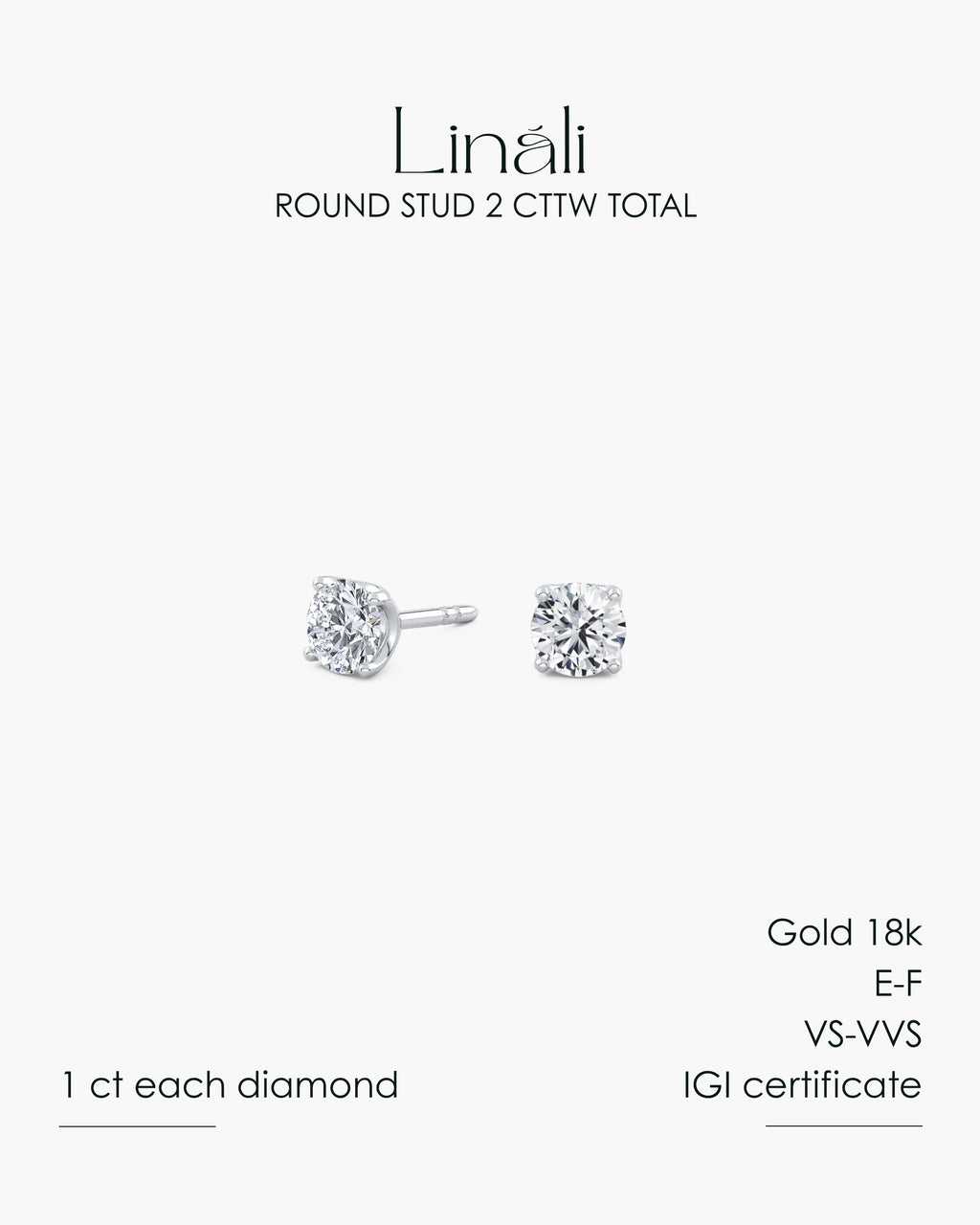 Round Lab-Grown Diamond Stud Earrings 1 ct each 2 Prong